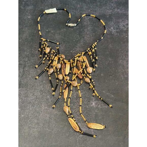 Artisan Amber Black Quartz & Nut Beaded Fringe Choker Necklace 14" - Picture 3 of 5